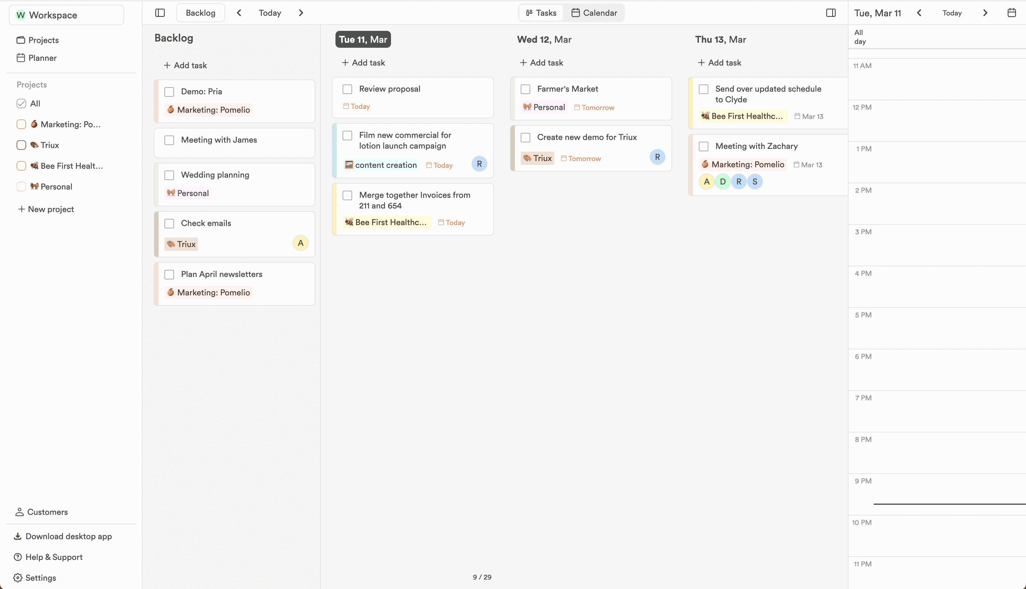 Planner in the ProjectBook app